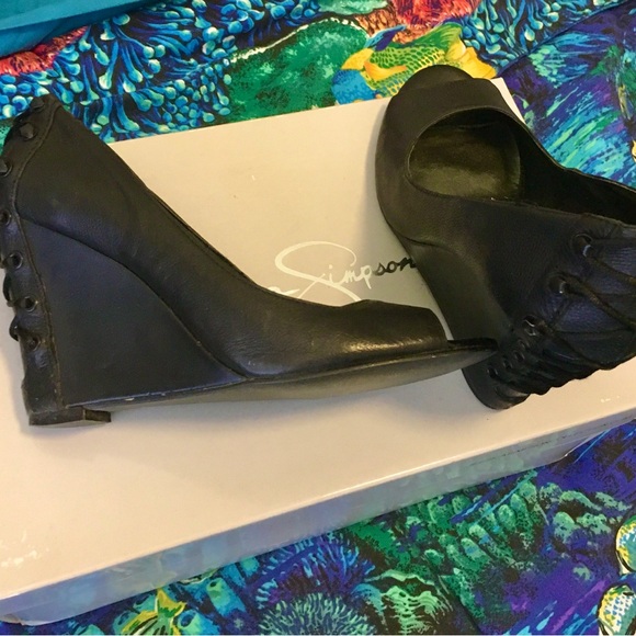 Fergie Black Peep-Toe Wedges - Picture 4 of 7